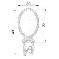 Door seal | EPDM | solid rubber tube top | black | 49 x 20 mm | per meter